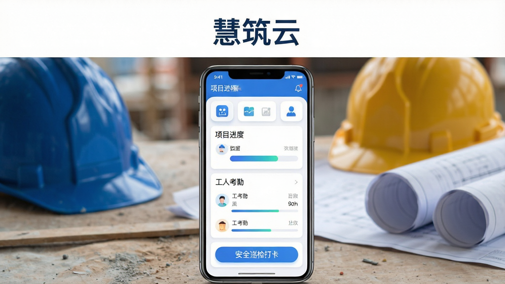 画面主体是一部智能手机竖屏展示工程管理类应用界面,界面内包含项目进度看板、工人考勤列表与安全巡检打卡按钮,手机放置在建筑工地桌面场景中,背景有安全帽与图纸虚化处理,整体采用蓝白商务配色风格,布局为居中构图、上方留白放置软件名称文字“慧筑云”,排版简洁清晰,细节包括界面图标圆角、数据卡片阴影与进度条渐变,画质高清、干净、无多余元素