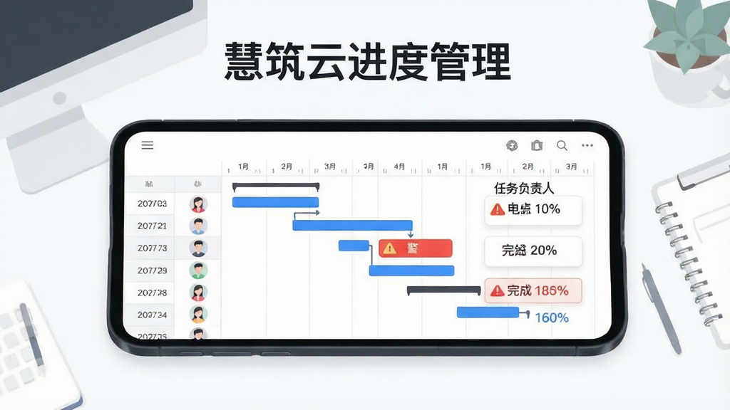 手机屏幕显示工程项目进度甘特图与任务卡片列表,画面中央为蓝色进度条与红色预警标记,背景为简洁的白色办公桌面,风格为扁平化商务插画,细节包含日期刻度、任务负责人头像与完成百分比数字,画质清晰、干净、无多余元素,图片上方居中文字“慧筑云进度管理”