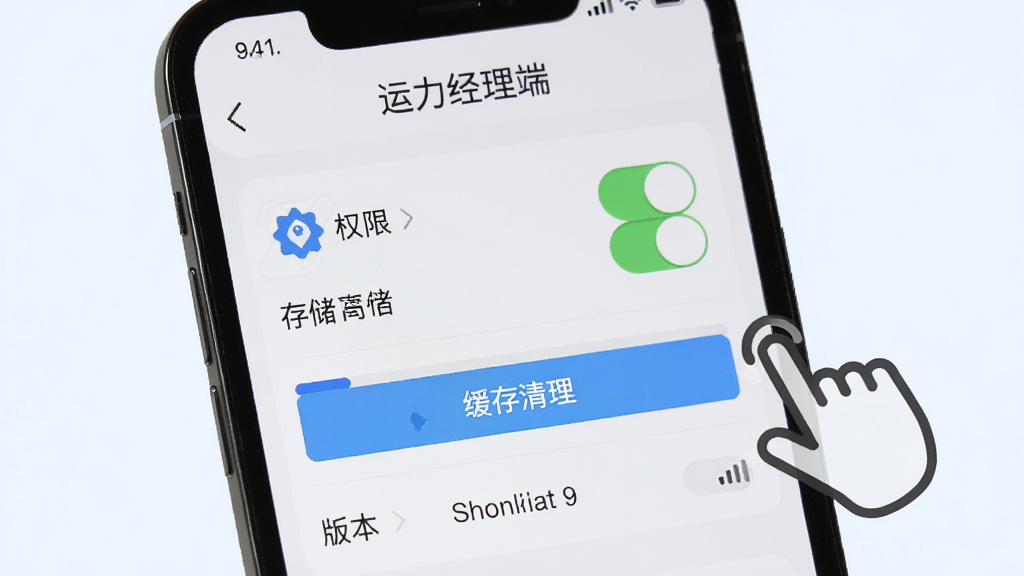 手机屏幕显示“运力经理端”设置页面,包含权限开关、缓存清理按钮与版本信息,旁边有手指点击图标,背景为浅色简洁风格,细节包括权限图标、存储条、网络状态,画质清晰,干净无多余元素