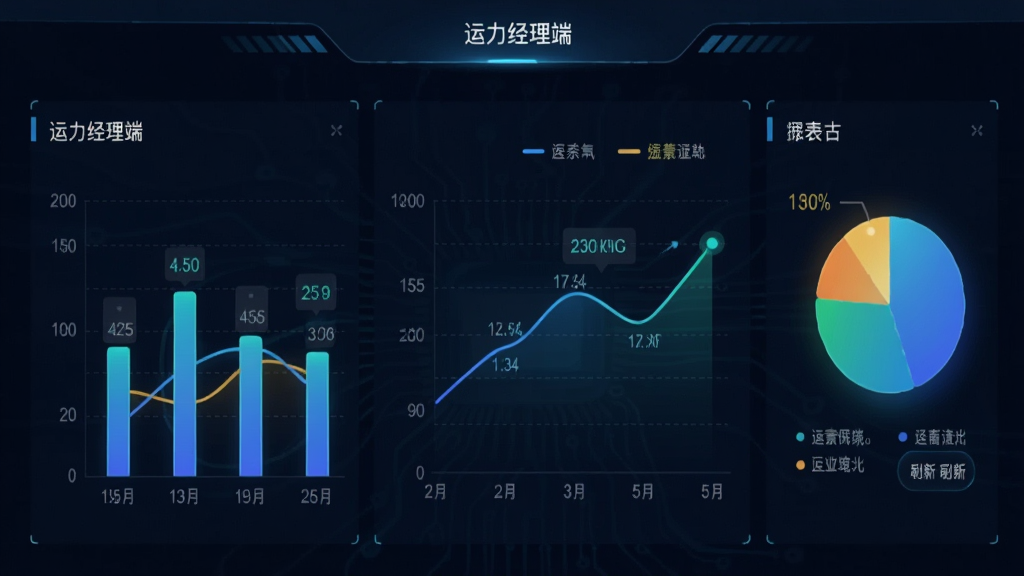 画面为数据仪表盘界面,包含柱状图、折线图与饼图,手机屏幕显示“运力经理端”报表页面,背景为深色科技风格,数据线条发光,细节包括数字标签、图例、刷新按钮,画质高清,干净无多余元素