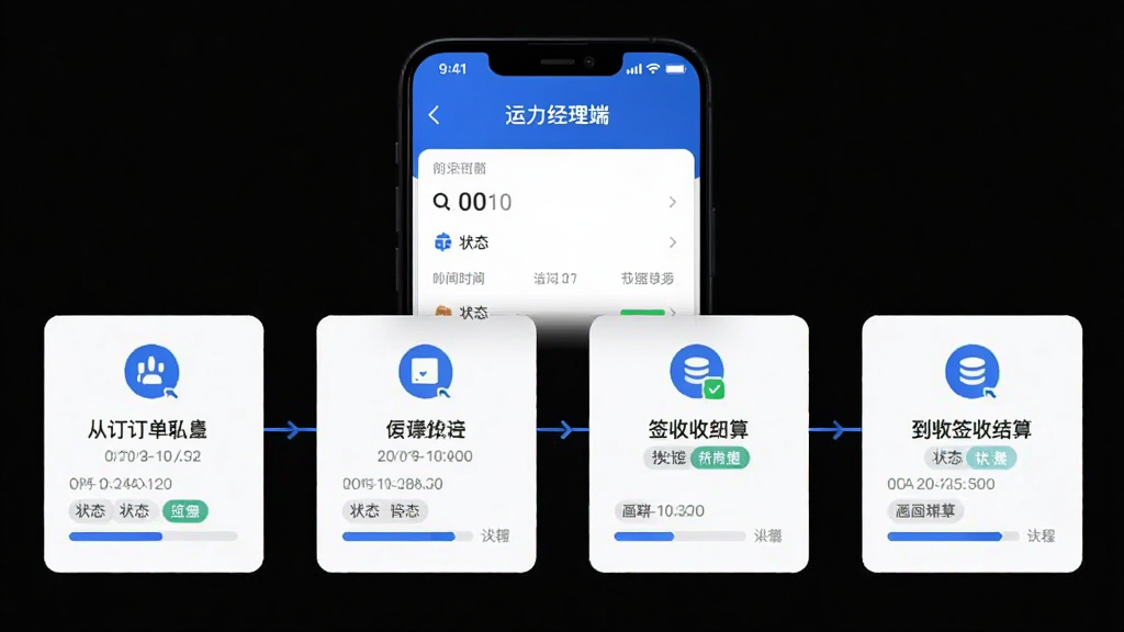 一张横向流程图,展示从订单创建到签收结算的六个环节,每个环节配有图标与简短文字,手机界面“运力经理端”悬浮在流程上方,风格为简约商务,色调蓝白相间,细节包括时间戳、状态标签、进度条,画质清晰,干净整洁,无多余元素