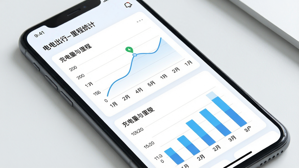 电出行APP数据统计页面,手机屏幕显示折线图和柱状图,展示充电量与里程变化,界面采用卡片式布局,浅色背景,数据清晰,画质干净,无多余元素