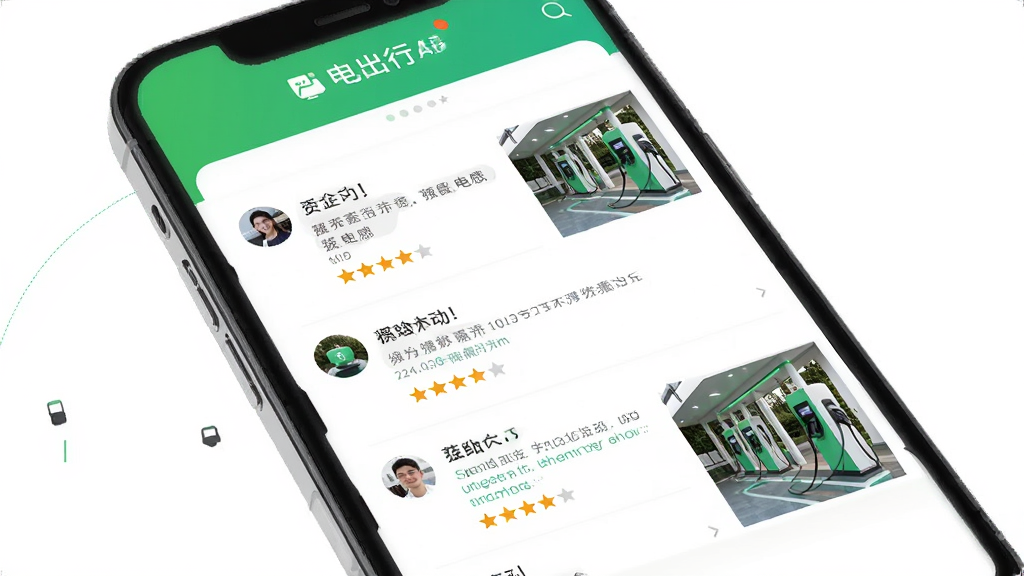 电出行APP社区评价页面,手机屏幕显示用户评论列表和星级评分,配有充电站实拍小图,界面清爽,绿色点缀,排版整齐,画质高清,无多余元素