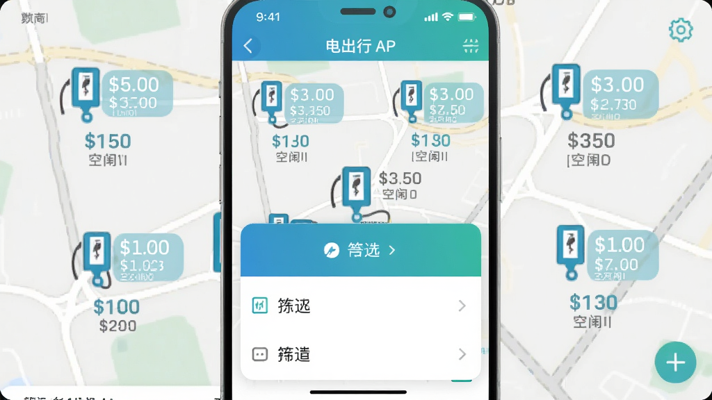 电出行APP界面截图风格,地图上散布多个充电桩图标,每个图标旁标注价格和空闲数量,底部弹出筛选菜单,蓝绿色调,界面整洁,文字清晰,画质干净,无多余元素