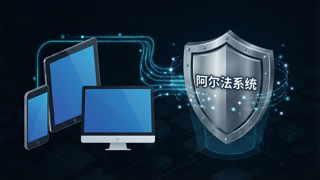 一张表现阿尔法系统数据安全与多端同步的概念插画,画面左侧是手机、平板、电脑三台设备通过发光的线条连接到一个中心盾牌图标,盾牌上写着「阿尔法系统」,背景为深色科技网格纹理,风格为扁平化科技插画风,细节包括盾牌表面的金属质感和数据流的光点效果,画质清晰,干净,无多余元素