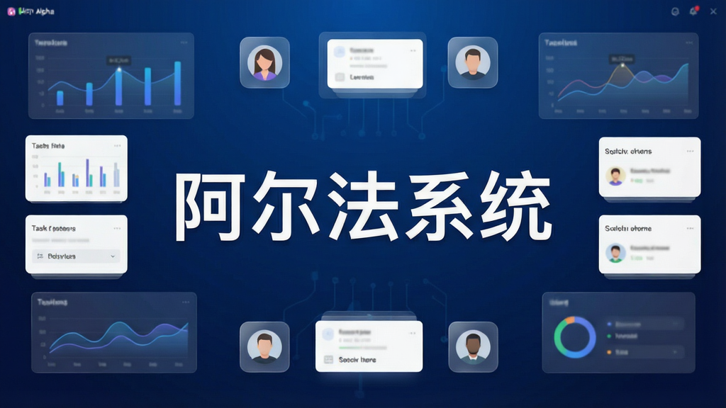 一张展现阿尔法系统软件界面的全景图,画面中央是「阿尔法系统」四个大字的软件启动页,背景为深蓝色渐变科技风格,周围环绕着数据图表、任务卡片、用户头像等移动办公元素,布局简洁大气,排版居中对称,风格为现代扁平化设计,细节包括半透明磨砂玻璃效果图标和细腻的光影过渡,画质清晰,干净,无多余元素