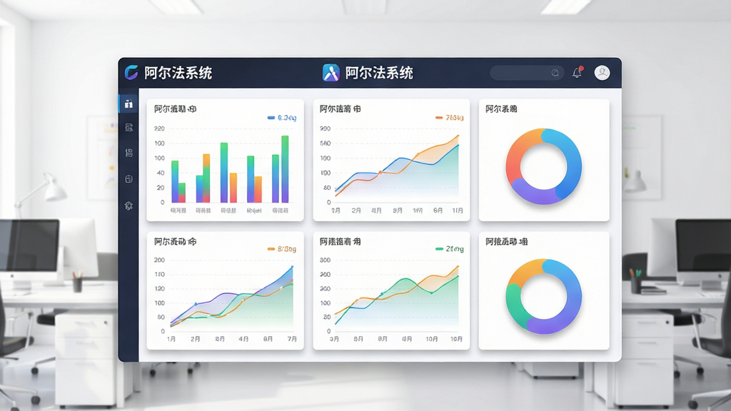一幅阿尔法系统数据报表功能的界面截图风格图片,画面中央展示着带有「阿尔法系统」标识的仪表盘,仪表盘上有多种彩色图表,包括柱状图、折线图和环形图,数据标签清晰可见,背景为干净的白色办公环境,风格为现代UI设计展示风,细节包括图表阴影和渐变填充效果,画质清晰,干净,无多余元素
