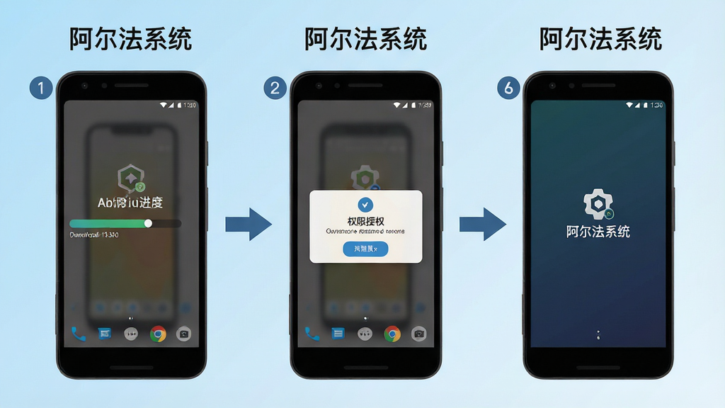 一张展示阿尔法系统在安卓手机上安装与运行的步骤示意图,画面分为三个并排的手机屏幕,从左到右分别显示下载进度条、权限授权弹窗和主界面加载完成,每个屏幕上方标注着「阿尔法系统」字样,背景为浅蓝色渐变,风格为简洁步骤说明图,细节包括箭头指引和数字序号,画质清晰,干净,无多余元素