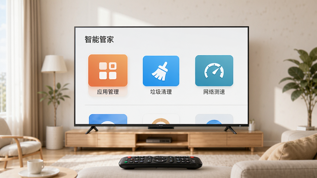 一张展示智能电视屏幕的图片,画面中央是电视管家软件的主界面,界面简洁清晰,有“应用管理”“垃圾清理”“网络测速”等功能图标,电视屏幕下方摆放着遥控器,背景是温馨的客厅环境,整体风格现代简约,画质清晰明亮,干净无多余元素