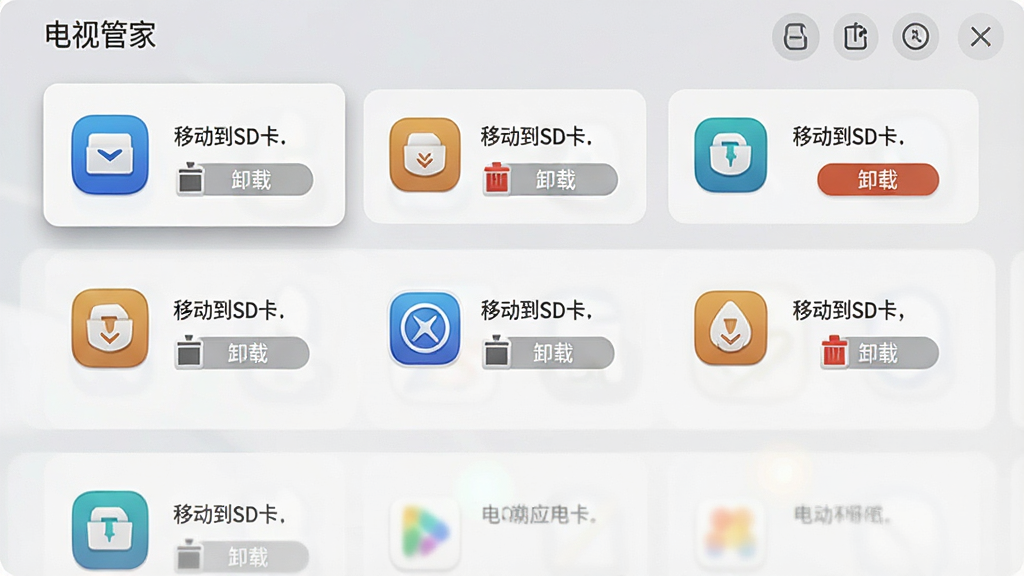 一张展示电视管家应用管理界面的图片,屏幕上列出多个应用图标,其中几个应用旁边有“移动到SD卡”和“卸载”按钮,界面布局整齐,风格清新,画质干净,无多余元素