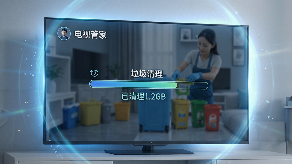 一张电视屏幕特写图,屏幕上显示电视管家正在进行垃圾清理,有进度条和“已清理1.2GB”的提示文字,屏幕周围有清洁的视觉光效,画面风格科技感十足,细节清晰,画质干净