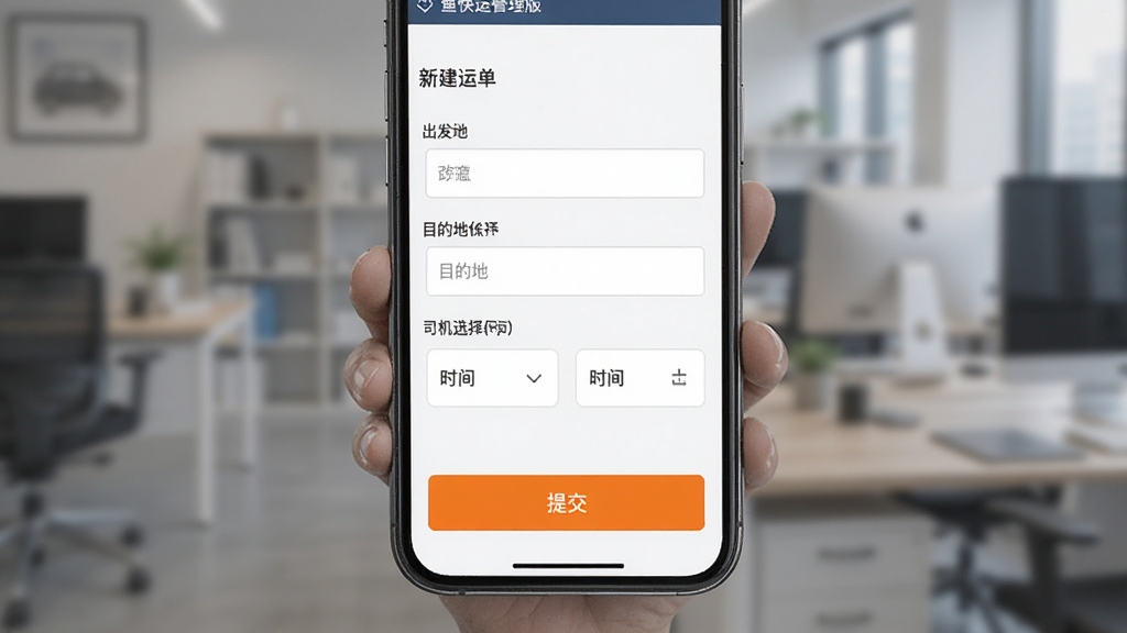 鱼快运管理版任务派发界面,手机屏幕显示新建运单表单与司机选择列表,包含出发地目的地输入框与时间选择器,橙色按钮突出提交操作,简洁商务风格,高清画质,排版整齐,无多余装饰