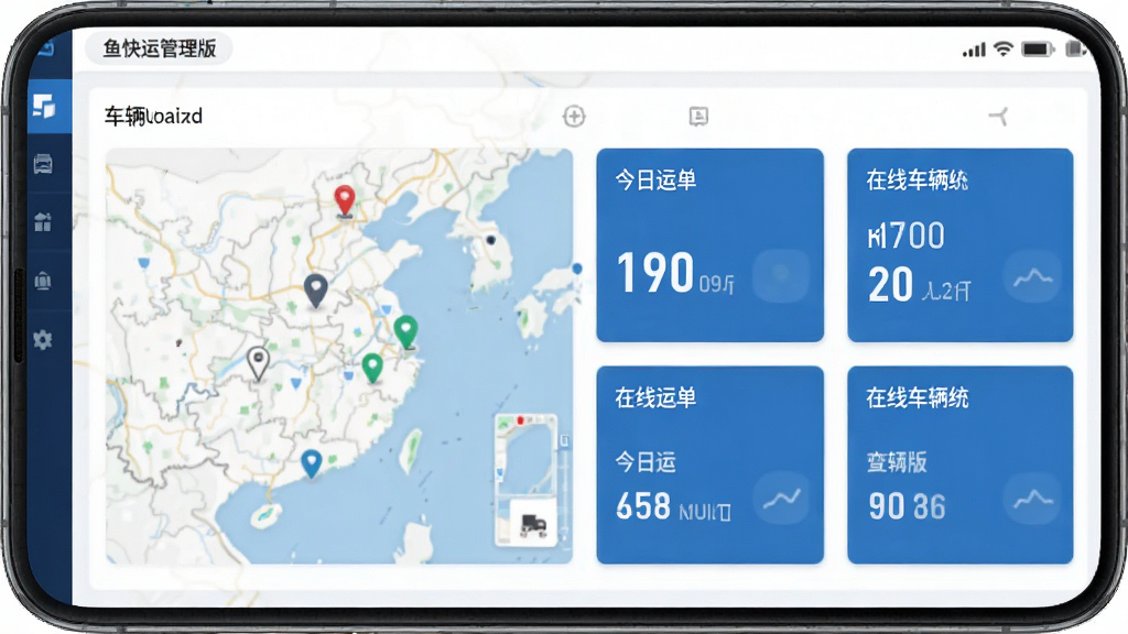 鱼快运管理版软件主界面截图,手机屏幕显示车队管理仪表盘,包含车辆位置地图、今日运单数量、在线车辆统计卡片,蓝色商务风格,扁平化设计,画面干净整洁,高清画质,无多余元素