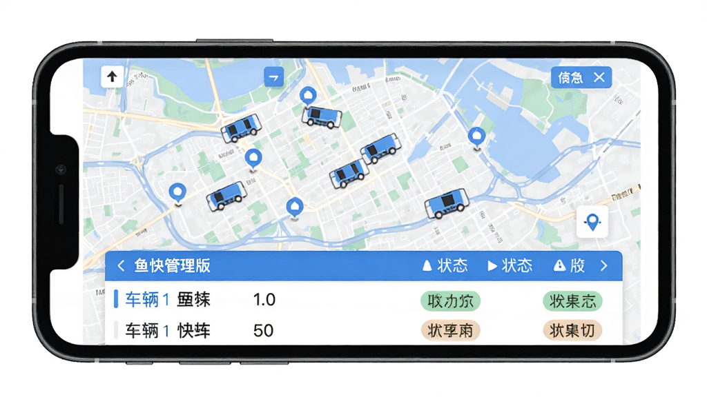 鱼快运管理版实时车辆定位界面,手机屏幕展示城市地图上多个车辆图标分布,底部显示车辆列表与状态标签,蓝色与白色为主色调,界面清爽简洁,扁平化UI风格,高清画质,干净无杂乱元素