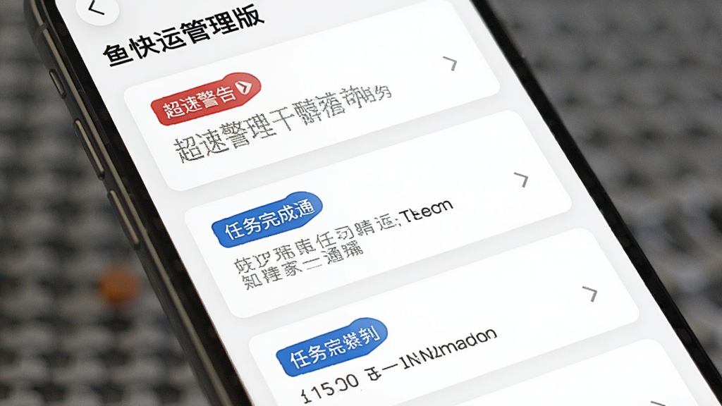 鱼快运管理版消息通知中心界面,手机屏幕显示多条提醒卡片,包含超速警告与任务完成通知,红色与蓝色标签区分消息类型,简洁列表布局,白色背景,高清画质,干净利落无多余元素