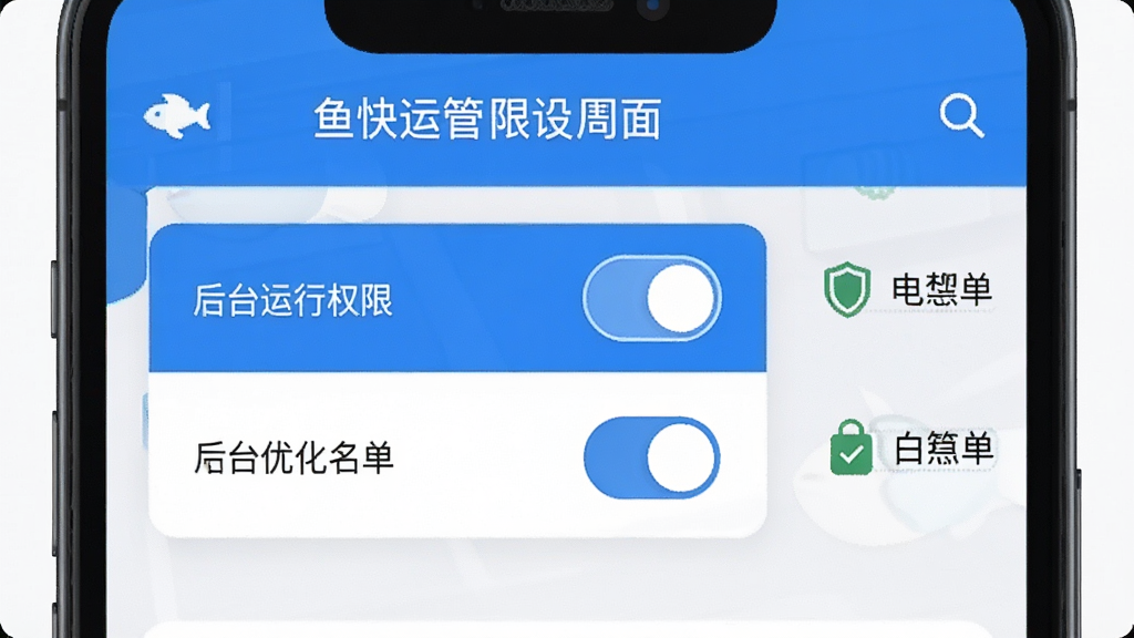 鱼快运管理版权限设置界面,手机屏幕显示定位权限与后台运行权限开关,旁边有电池优化白名单选项,简洁设置列表布局,蓝白配色,高清画质,干净清晰无多余元素