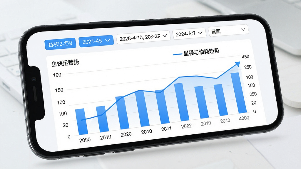 鱼快运管理版数据统计报表界面,手机屏幕展示柱状图与折线图组合,显示里程与油耗趋势,顶部有日期筛选标签,浅色背景搭配蓝色数据线,商务数据可视化风格,高清画质,布局清晰,无干扰元素