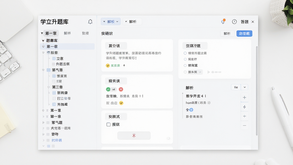 主体是学立升题库界面平铺在白色桌面,布局为左侧章节树右侧答题区,排版清晰对称,风格为清爽学习风,细节包含题目卡片、对错标记、解析文本,画质高清、干净、无多余元素