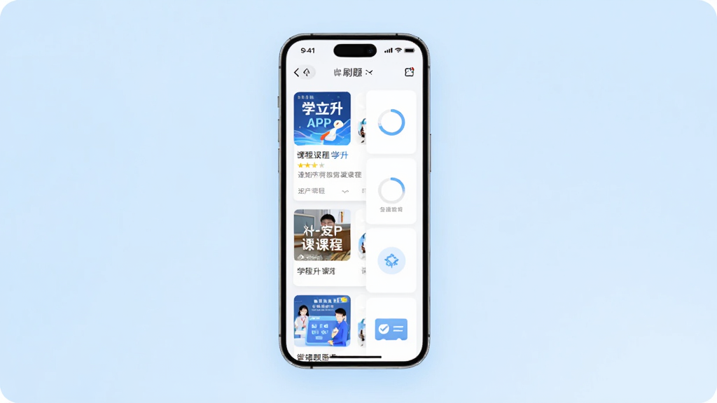 主体是学立升APP手机界面悬浮在浅蓝色渐变背景中央,布局为手机屏幕展示课程列表与刷题页面,排版整洁居中,风格为现代简约教育科技风,细节包含课程封面、进度圆环、答题卡图标,画质高清、干净、无多余元素