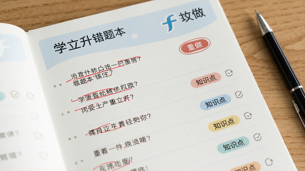 主体是学立升错题本页面,布局为列表式排列,排版整齐,风格为轻量教育工具风,细节包含红笔标记、重做按钮、知识点标签,画质高清、干净、无多余元素