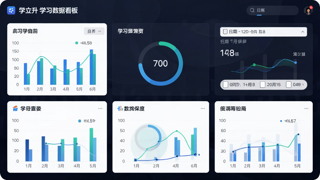 主体是学立升学习数据看板,布局为图表卡片网格排列,排版规整,风格为数据可视化教育风,细节包含柱状图、环形进度、日期筛选栏,画质高清、干净、无多余元素