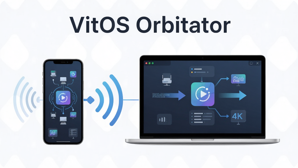VitOS Orbiter 软件主界面展示图,主体是一台智能手机和一台笔记本电脑通过无线信号连接,布局为居中对称构图,排版上方为软件名称文字,风格为科技感扁平化设计,细节包含设备图标、连接波纹、数据流转箭头,画质为高清4K,干净,无多余元素