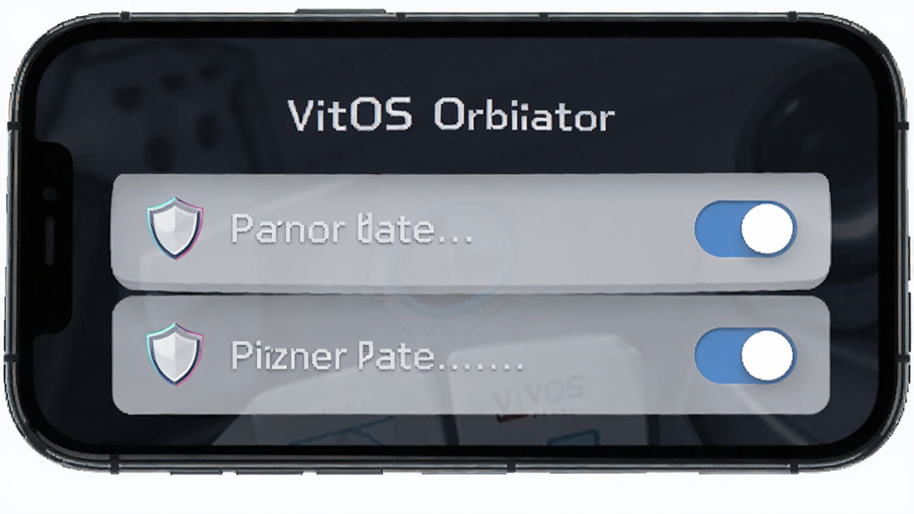 VitOS Orbiter 隐私权限管理界面展示图,主体为手机屏幕显示权限开关列表,布局为上下结构,排版顶部为软件名称,风格为简约卡片式设计,细节包含盾牌图标、开关按钮、权限文字说明,画质为高清4K,干净,无多余元素