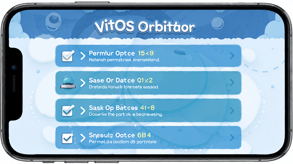 VitOS Orbiter 新手设置引导界面图,主体为手机屏幕显示权限设置步骤,布局为纵向列表,排版顶部为软件名称,风格为友好引导风,细节包含勾选框、箭头指示、文字说明,画质为高清4K,干净,无多余元素