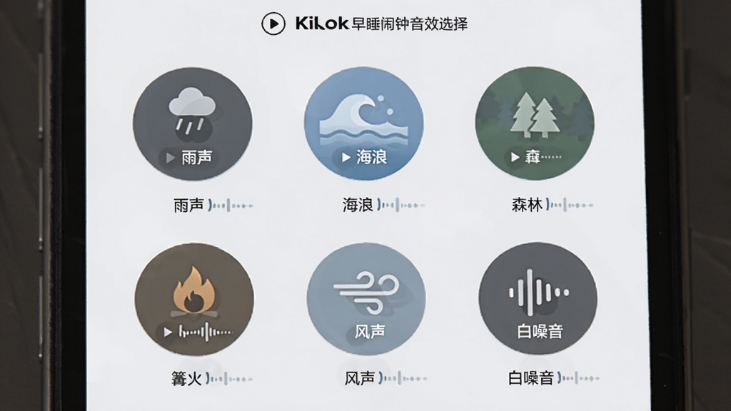 KikLok��˯������Чѡ����棬�ֻ���Ļչʾ����Բ����Чͼ�꣬�ֱ��ע�������������ˡ���ɭ�֡������𡱡�����������������������Ϊ�����������񣬷�����ż���ϸ���в��Ű�ť�벨�ζ���ʾ�⣬�����������ɾ����޶���Ԫ��