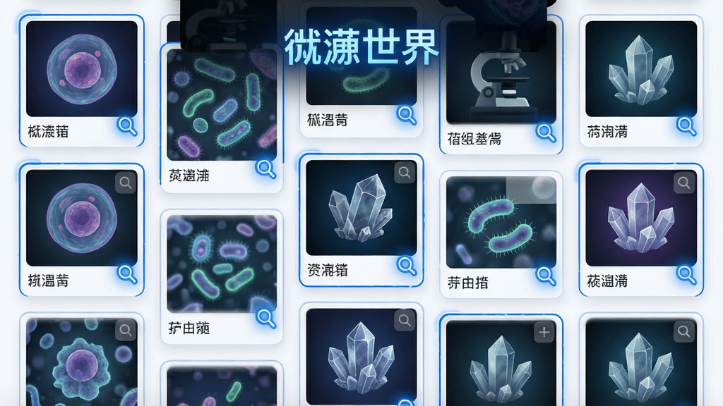 主体为微观世界软件界面截图风格插画,画面中展示排列整齐的微观摄影图片缩略图,包括细胞、细菌、晶体等;布局采用网格瀑布流排列,图片大小错落有致;排版在画面顶部中央有发光的文字标识;风格为干净简洁的移动应用界面展示风格;细节包括每张图片下方的简短标签文字、蓝色选中边框、放大镜图标点缀;画质为高清2K,界面清爽,无多余装饰元素。