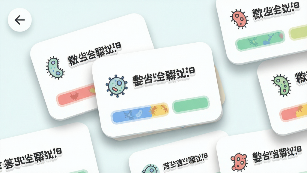 主体为微观世界软件中的科普知识卡片界面,画面展示多张圆角矩形卡片错落堆叠,卡片上有文字标题和微生物小图标;布局采用散点式排列,卡片之间有轻微阴影分隔;排版在画面左上角有返回箭头图标;风格为清新浅色系扁平化设计;细节包括卡片边缘的柔和投影、彩色标签条、微生物矢量图标;画质为2K高清,画面整洁,无多余元素。