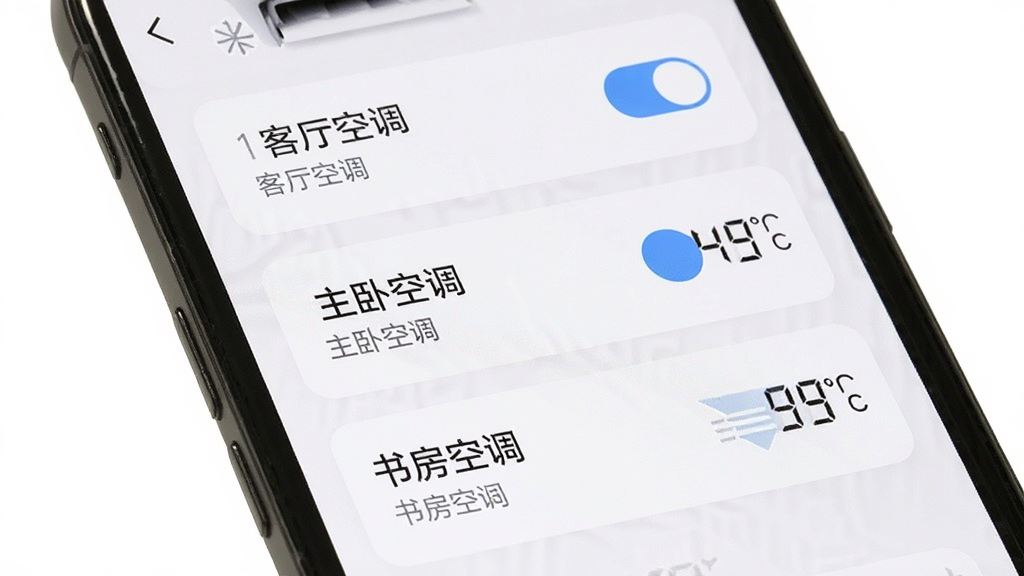 一张展示万能空调红外免费遥控器多设备管理界面的手机图,屏幕列表显示客厅空调、主卧空调、书房空调三个条目,每个条目右侧有开关按钮和温度显示,背景为白色卡片式设计,风格清新简洁,画质干净,无多余元素,文字使用中文标注。