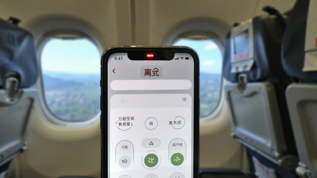 一张展示万能空调红外免费遥控器离线使用场景的图片,手机屏幕显示遥控界面且顶部有离线模式图标,背景为飞机机舱或高铁车厢内部,窗外景色模糊,强调无网络环境,手机红外发射口有微弱红光示意,画质清晰,构图简洁,无多余元素。