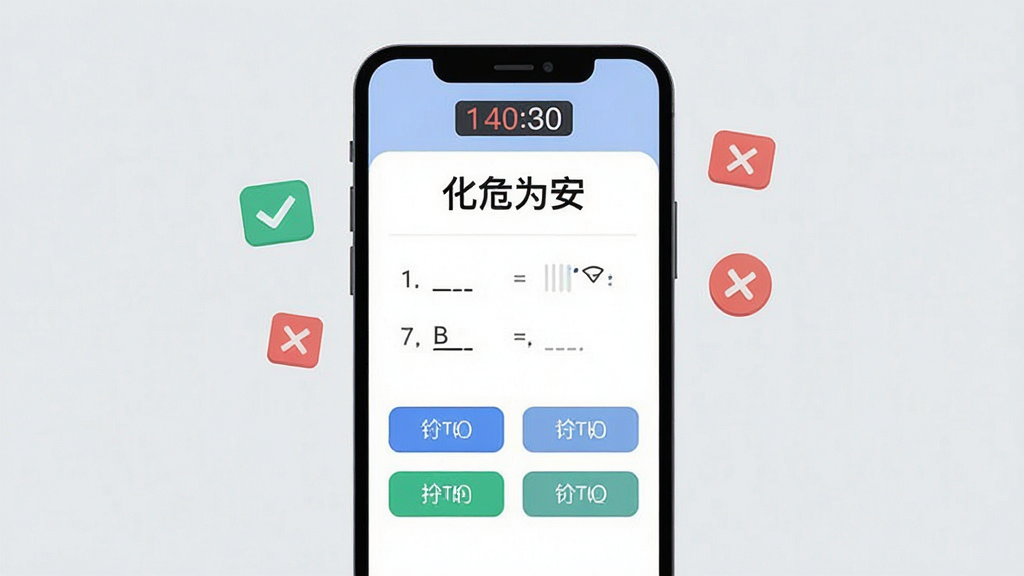 一张手机应用截图风格的插画,画面展示“化危为安”的在线答题界面,屏幕中央是一道选择题,下方有四个选项按钮,顶部有倒计时显示,手机旁边漂浮着对勾和叉号的小图标,背景为浅灰色,风格简约现代,布局居中,画质清晰,干净无多余元素
