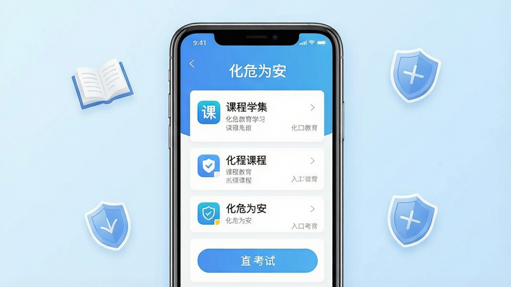 一张手机屏幕展示安全教育学习应用的界面截图,画面中央是“化危为安”应用的主页,页面上有课程列表和考试入口按钮,背景为干净的浅蓝色渐变,手机周围有书本和盾牌的小图标点缀,整体风格简洁清新,布局居中对称,画质清晰,干净无多余元素