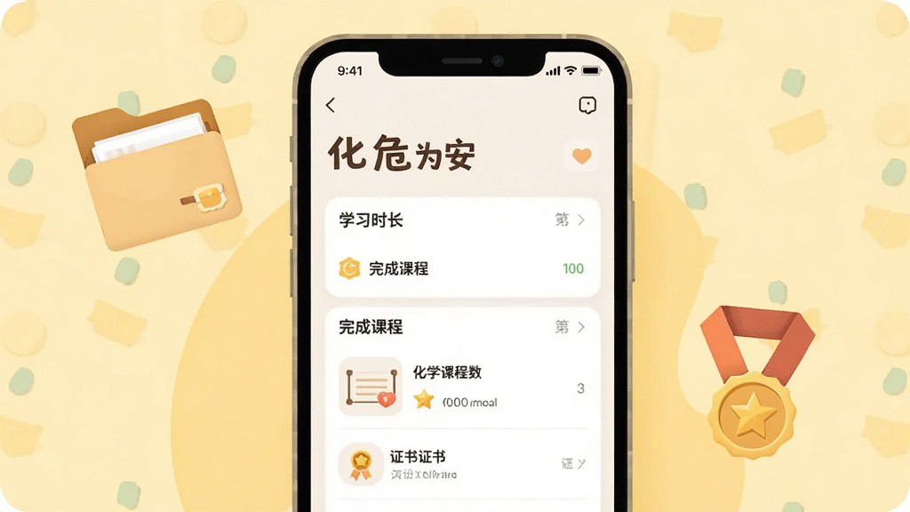 一幅展示个人学习档案页面的手机界面插画,画面中“化危为安”应用的档案页面显示学习时长、完成课程数和证书列表,手机周围有档案袋和奖章图标装饰,背景为淡黄色,风格温暖简洁,布局居中,画质清晰,干净无多余元素