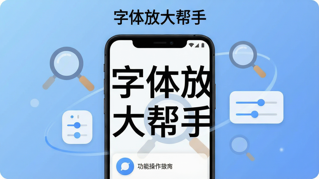 一张展示字体放大帮手软件主界面的图片,画面中央是一部安卓手机,手机屏幕上显示着被放大后的清晰文字,文字内容为“字体放大帮手”,手机周围环绕着放大镜图标和调节滑块元素。布局采用居中构图,上方为软件名称标题,下方为功能操作区。排版简洁明了,风格为现代扁平化科技风,细节包括柔和的蓝色渐变背景、圆角图标和清晰的文字边缘。画质高清,画面干净,无多余元素。