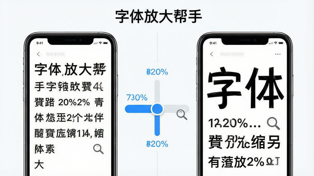 一张展示字体放大帮手智能无级缩放功能的图片,画面左侧是一部手机显示正常大小文字,右侧是同一部手机显示放大后的文字,中间用一个带有双向箭头的调节滑块连接。布局为左右对比构图,上方有“字体放大帮手”字样。风格为清新简约的UI展示风,细节包括蓝色滑块、百分比数字标注和放大镜图标。画质清晰,画面干净,无多余元素。