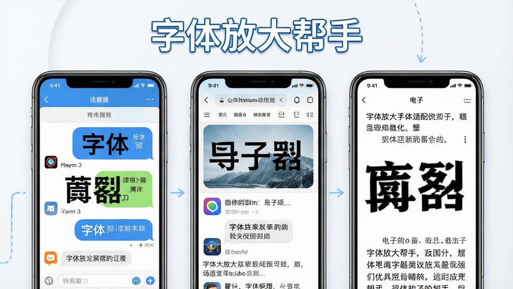 一张展示字体放大帮手多场景适配优化功能的图片,画面中并排展示三部手机,分别显示聊天界面、网页浏览界面和电子书阅读界面,每个界面中的文字都被清晰放大。布局为横向排列构图,上方有“字体放大帮手”标题。风格为场景化展示风,细节包括不同应用的图标标识、放大后的清晰文字和统一的蓝色调UI。画质高清,画面干净,无多余元素。