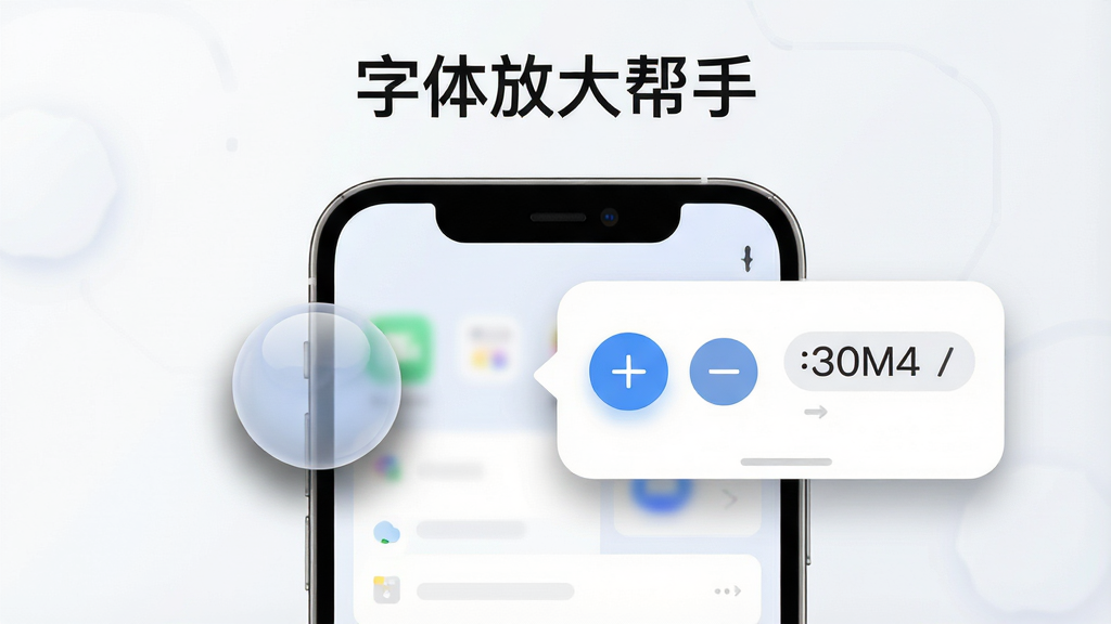 一张展示字体放大帮手全局悬浮控制功能的图片,画面中央是一部手机,手机屏幕边缘有一个半透明的圆形悬浮球,悬浮球旁边展开一个字体调节面板,面板上有加减按钮和数值显示。布局为手机正面特写,上方有“字体放大帮手”文字。风格为科技感UI展示风,细节包括悬浮球阴影效果、面板圆角设计和清晰的按钮图标。画质高清,画面干净,无多余元素。