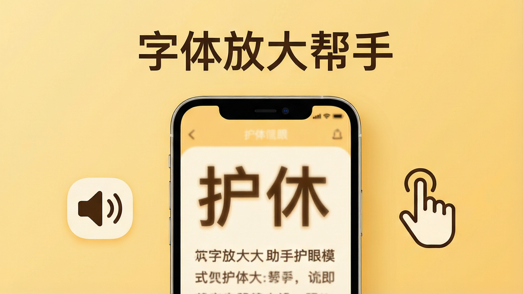 一张展示字体放大帮手护眼模式与快捷操作功能的图片,画面中央是一部手机,屏幕显示暖色调的护眼阅读界面,文字清晰放大,手机旁边有音量键图标和双击手势图标。布局为居中构图,上方有“字体放大帮手”文字。风格为温馨护眼风,细节包括暖黄色背景、柔和的文字边缘和简洁的操作图标。画质清晰,画面干净,无多余元素。