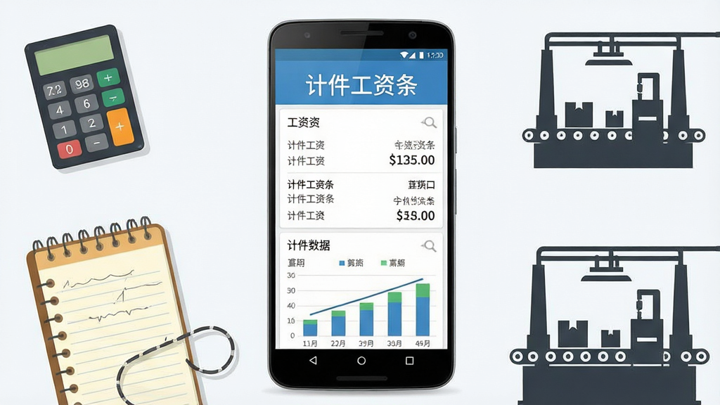 计件工资条手机应用主界面展示,画面中央是一台竖屏安卓手机,屏幕内呈现工资条列表与计件数据统计图表,周围环绕计算器、记事本、工厂车间剪影等元素,布局为居中对称式排版,风格为清新扁平化商务风,细节上突出