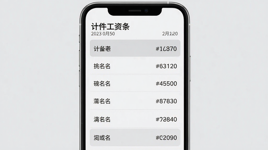 计件工资条员工工资明细列表,手机屏幕内展示多位员工姓名与对应计件金额的列表,画面主体为手机正面,布局为竖版居中,风格为简约商务浅灰配色,细节上列表顶部标注