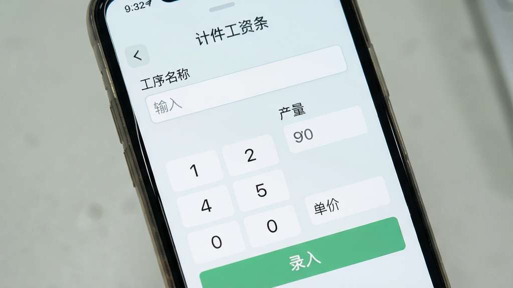 计件工资条数据录入界面,手机屏幕显示工序名称输入框、产量数字键盘与单价填写栏,画面主体为手机特写,布局为竖版居中,风格为清爽浅色UI,细节上屏幕内出现