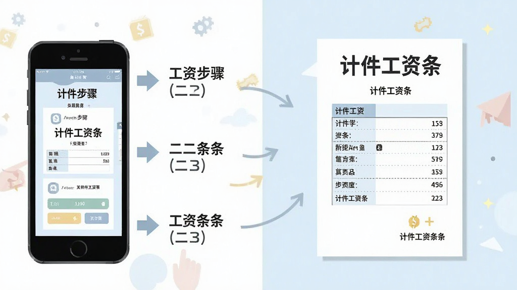 计件工资条使用教程示意图,画面左侧为手机操作步骤一二三的图示,右侧为工资条成品展示,布局为左右分栏,风格为浅色扁平化教程风,细节上出现