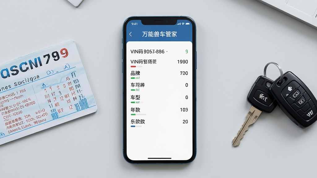 画面中央是一部竖屏手机,屏幕显示“万能兽车管家”车辆信息页面,清晰展示VIN码、品牌、车型、年款等数据;手机旁边放置一本行驶证和一把车钥匙;背景为淡灰色桌面;布局采用居中构图;风格为简约商务风,字体清晰;画质高清,干净,无多余元素