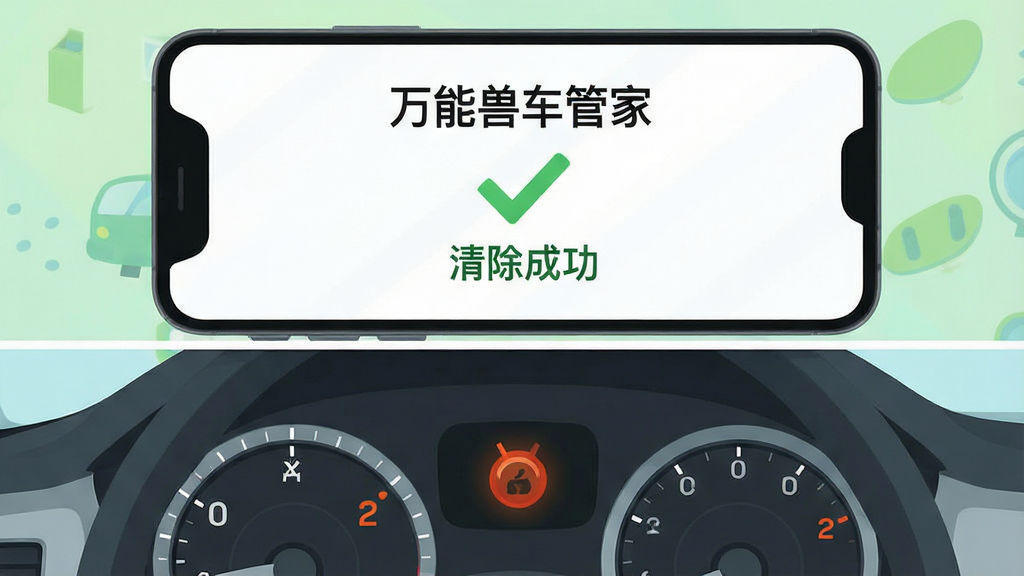 画面主体为一部手机,屏幕显示“万能兽车管家”故障码清除成功提示界面,有绿色对勾和“清除成功”字样;手机下方是汽车仪表盘特写,故障灯已熄灭;布局采用上下分层构图;风格为简洁明快的扁平化风格,色彩清新;画质高清,干净,无多余元素