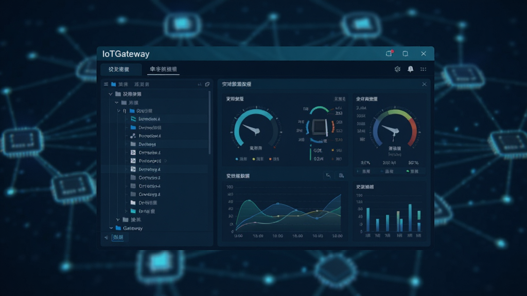 一张展示IoTGateway软件主界面的科技风格图片,画面中央是软件操作界面截图,左侧显示设备列表树形结构,右侧展示实时数据监控仪表盘,界面以深蓝色和青色为主色调,背景是模糊的物联网连接拓扑图,整体风格简洁专业,画质清晰,干净无多余元素