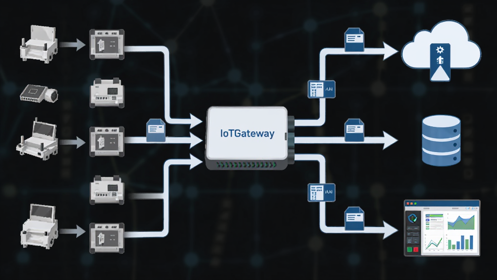 一张展示IoTGateway数据采集与转发流程的示意图,画面左侧是设备群通过箭头指向中间的IoTGateway网关,网关右侧分出多条数据流指向云端服务器、数据库和监控大屏,数据流上有数据包图标,整体风格简洁专业,画质清晰,干净无多余元素