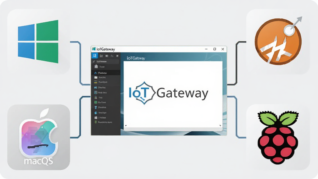 一张展示IoTGateway跨平台运行特性的图片,画面中央是IoTGateway软件界面,四周环绕着Windows、Linux、macOS和树莓派等平台图标,各平台图标与中央软件之间有连接线,背景是淡灰色,整体风格简洁商务,画质清晰,干净无多余元素